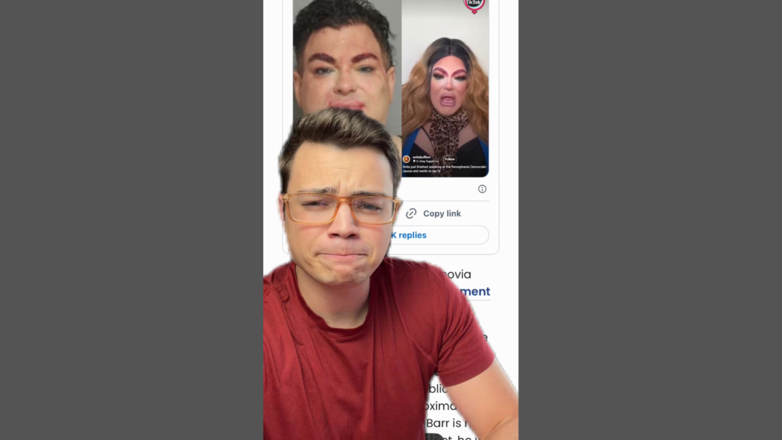 A man with glasses looks concerned while a split-screen shows a drag performer and a man with heavy makeup, discussing political topics on TikTok.