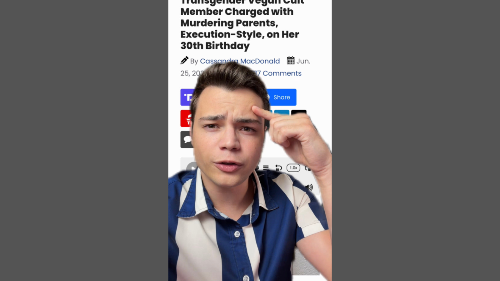 Person with a concerned expression discussing a news story about a transgender vegan cult member charged with murder on their 30th birthday.