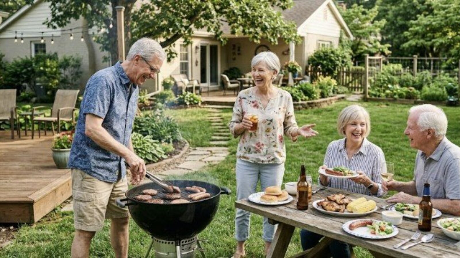 Group of seniors enjoying a backyard barbecue with grilled burgers, side dishes, and drinks, fostering a cheerful atmosphere of friendship and outdoor dining.