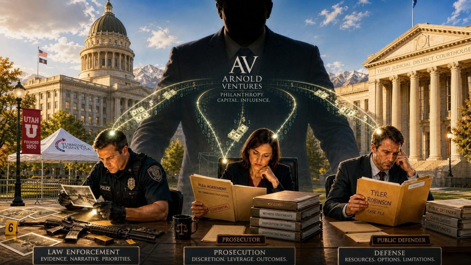 Image depicting law enforcement, prosecution, and public defense professionals analyzing evidence and case files in front of a courthouse, emphasizing the themes of justice and influence.
