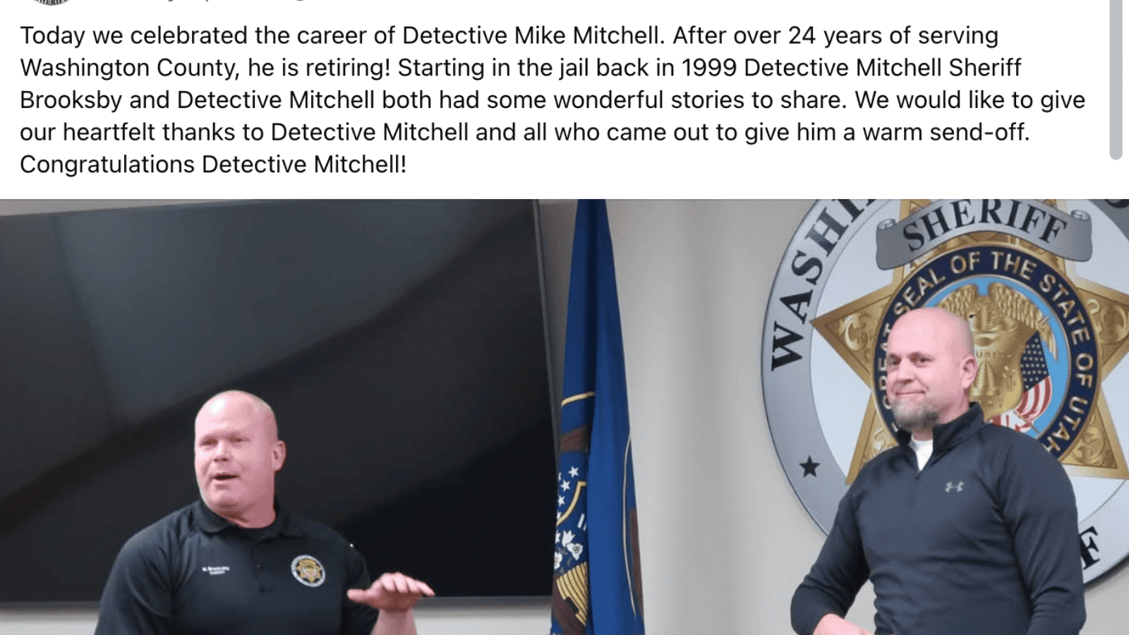 Detective Mike Mitchell delivers a farewell speech during his retirement celebration at the Washington County Sheriff's Office after over 24 years of service.