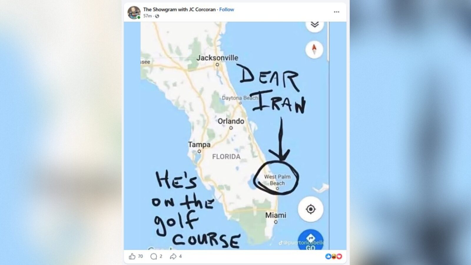 Map of Florida highlighting West Palm Beach with handwritten notes referencing Iran and a golf course location.