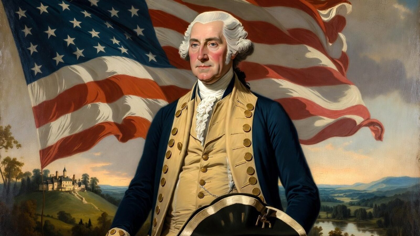 Portrait of George Washington standing in front of the American flag, symbolizing leadership and the founding of the United States.