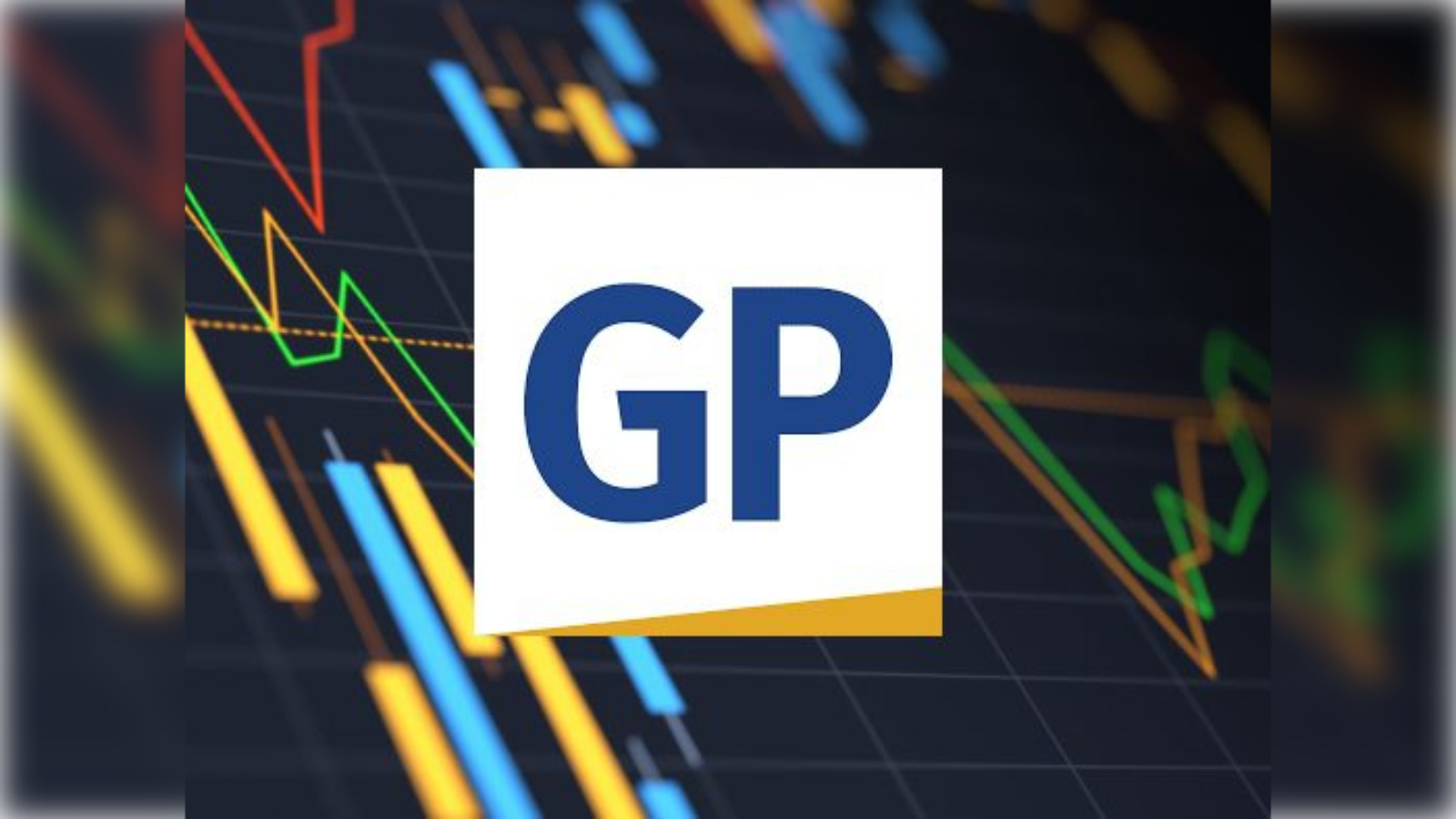 Graphical representation of financial data with the GP logo prominently displayed, illustrating market trends and analytics.