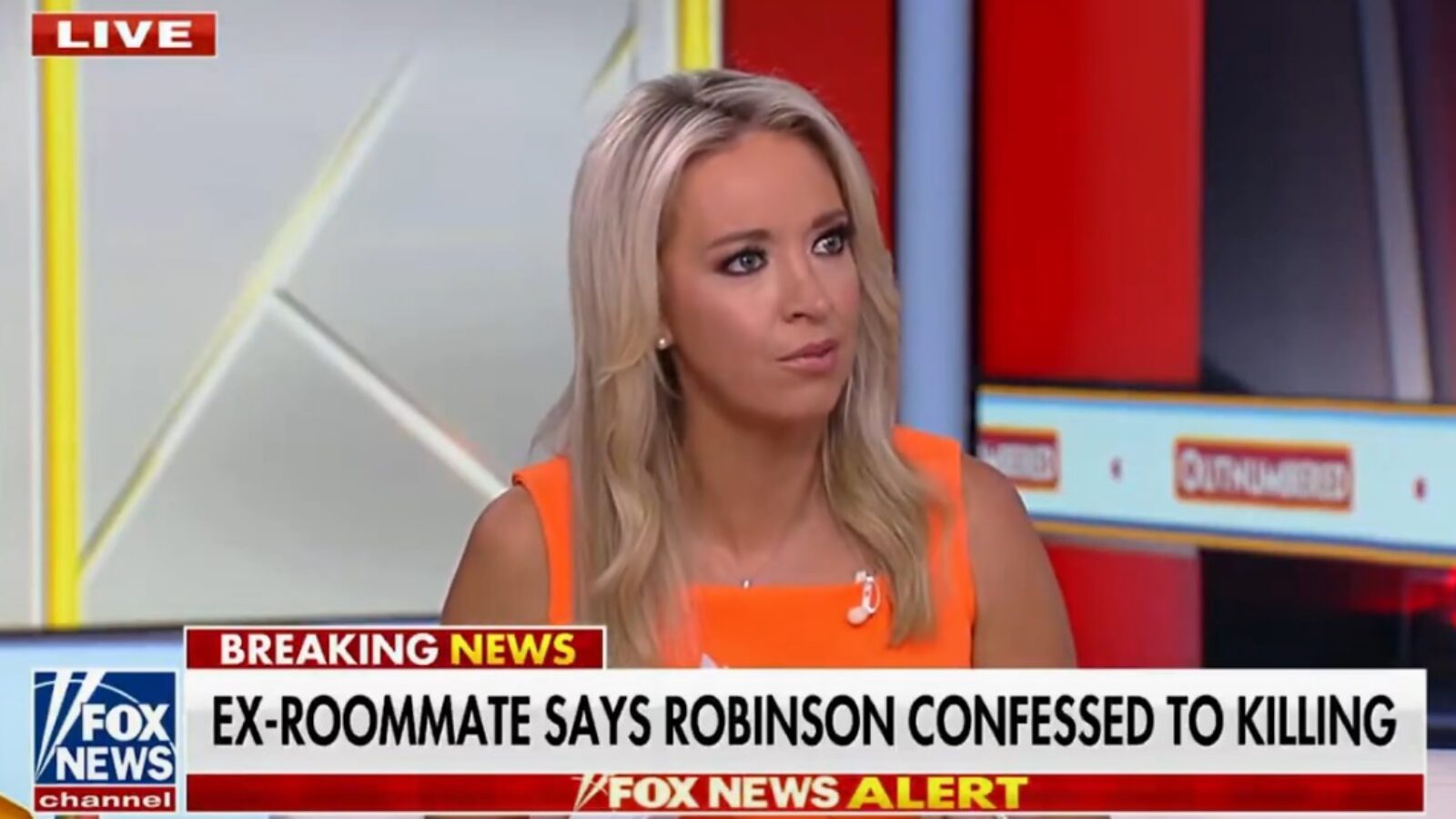 News anchor discussing a breaking story about an ex-roommate's confession related to a murder case on a live television broadcast.