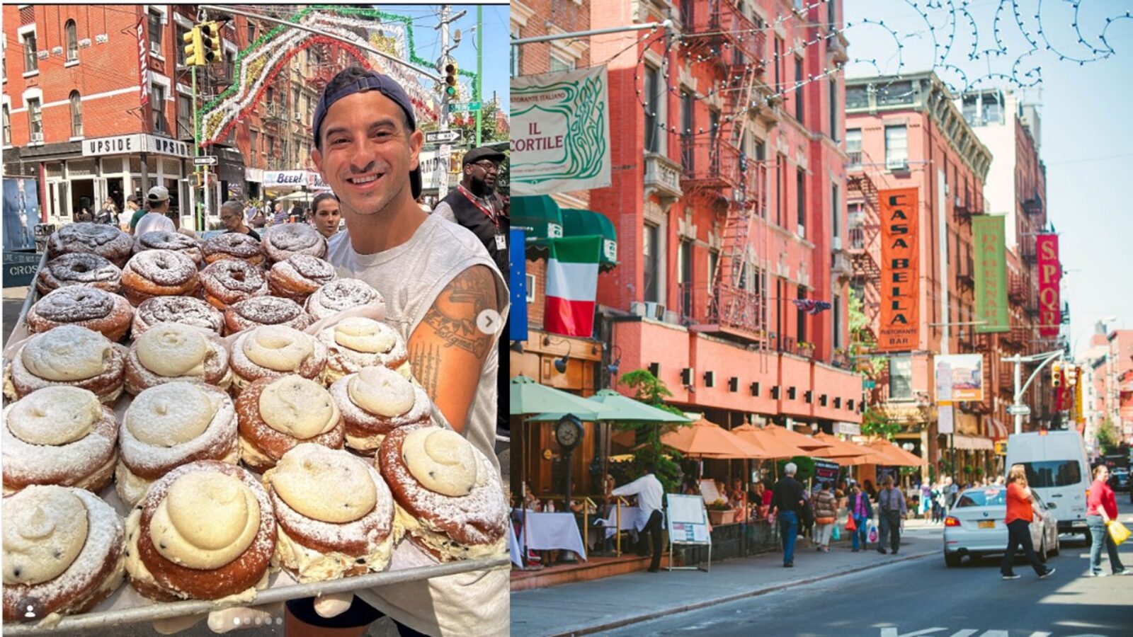 A smiling vendor holds a tray of powdered pastries in a vibrant street scene filled with people and colorful storefronts.