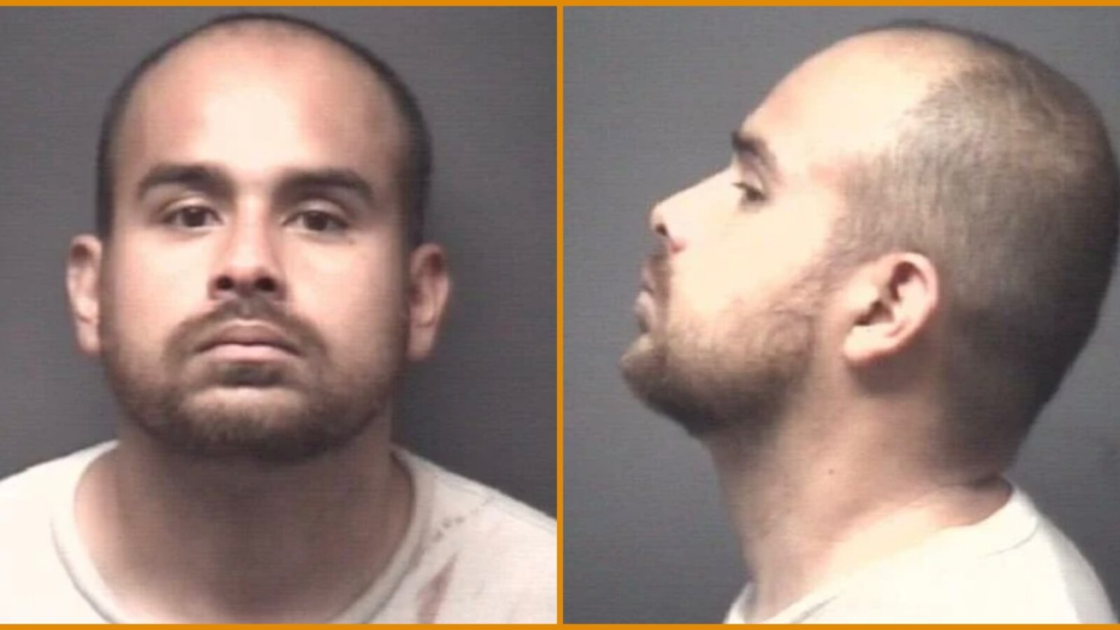 Mugshot of a male with a shaved head and beard, facing forward and in profile against a gray background.