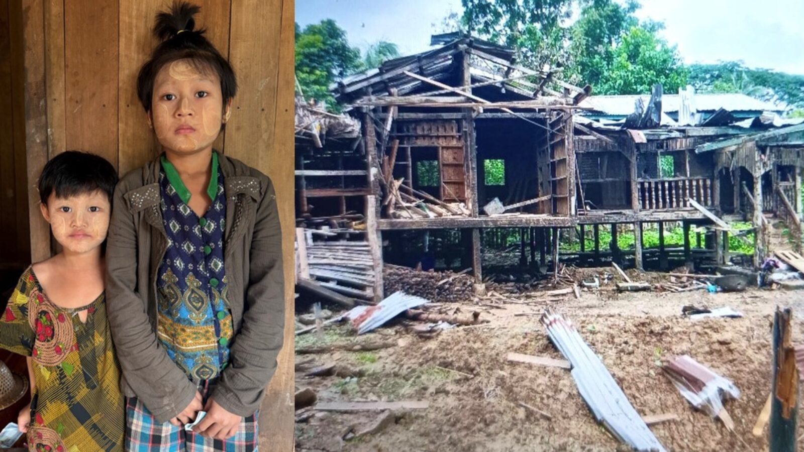 Two children with traditional face markings stand in front of a damaged wooden house, highlighting the impact of natural disasters on local communities.