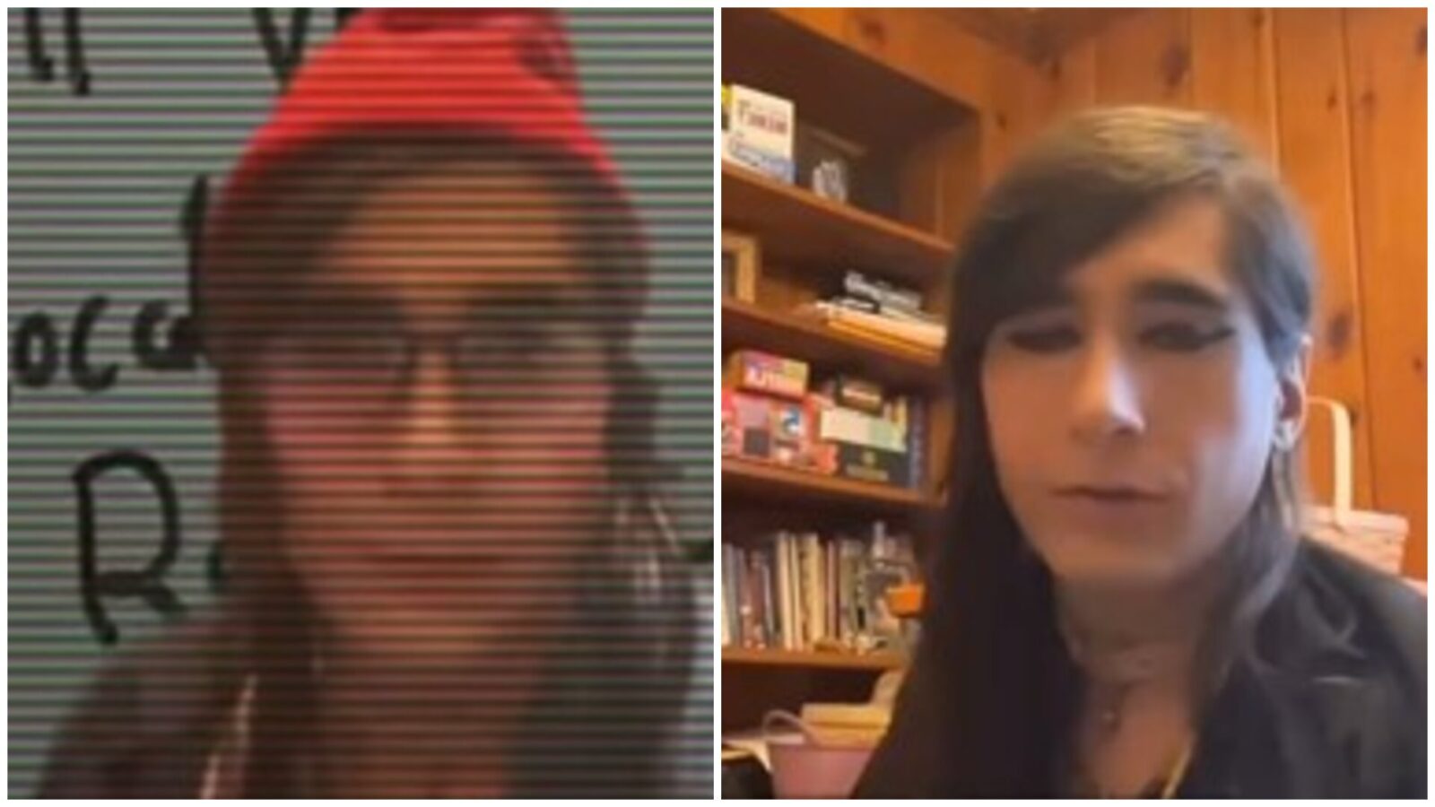 Two images of a person with long hair, wearing a red beanie and glasses in the first image, and a dark outfit with eyeliner in the second, against different backgrounds.