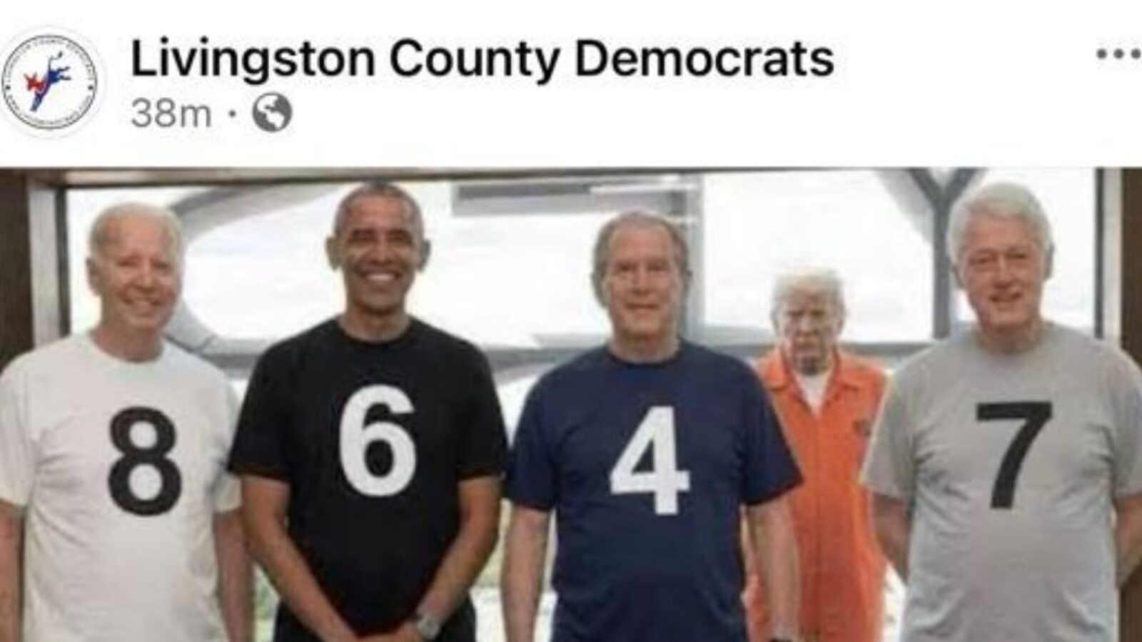 Former U.S. presidents stand together wearing numbered shirts, with a notable figure in orange prison attire in the background, highlighting a political commentary.