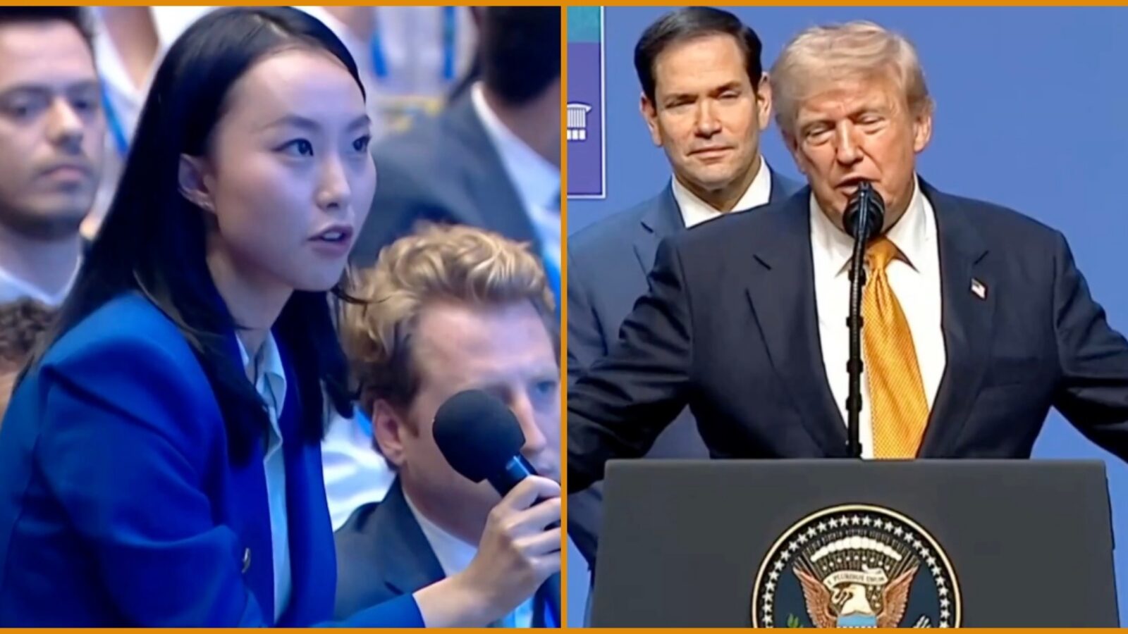 A female journalist asks a question while Donald Trump speaks at a press event, with Marco Rubio observing in the background.