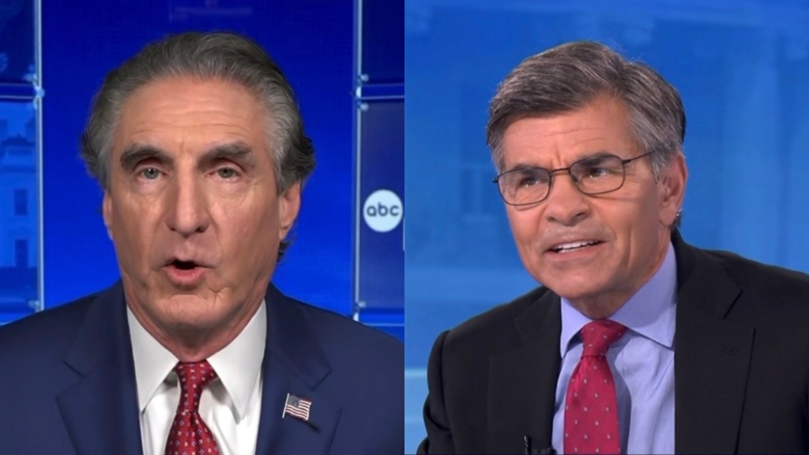 Two men engaged in a discussion on a news program, one wearing a suit with an American flag pin and the other in glasses and a tie.
