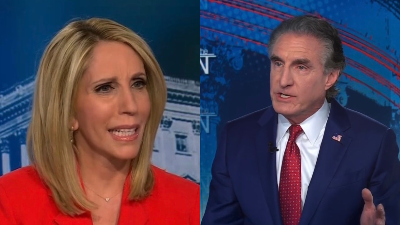Television news segment featuring two political commentators discussing current events, highlighting their expressions and engagement in the conversation.