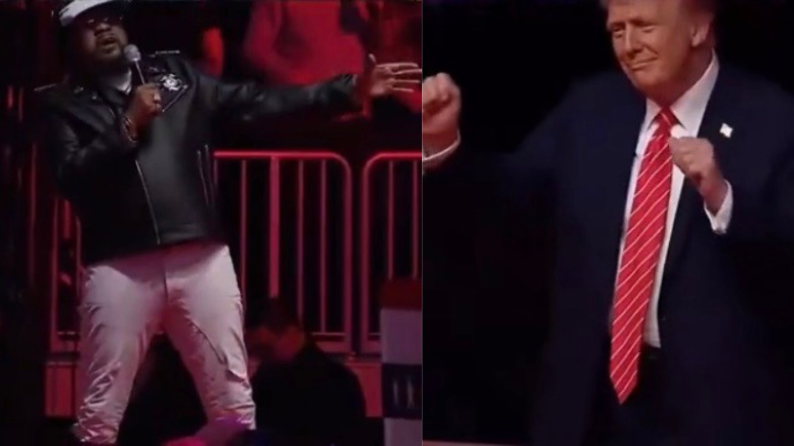 A performer sings energetically on stage while a man in a suit dances, highlighting a lively event atmosphere.