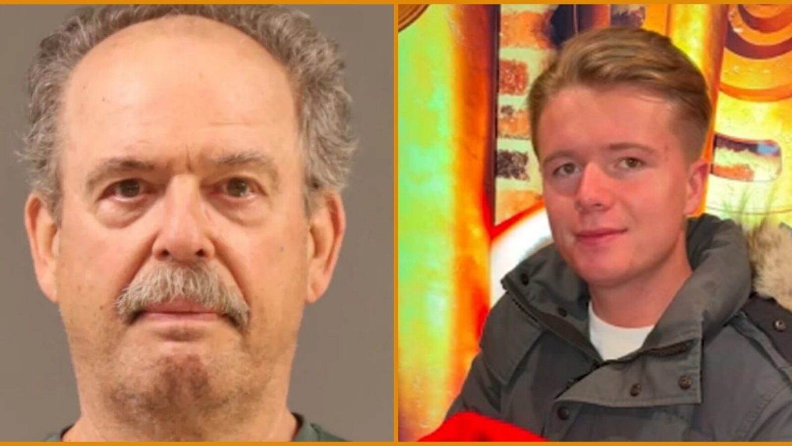 Image features a split screen with a mugshot of an older man on the left and a young man smiling on the right, highlighting contrasting backgrounds.