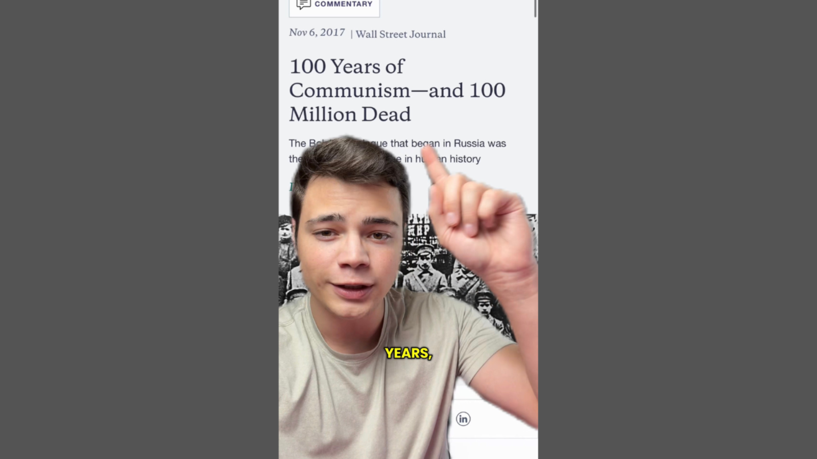 Young man discussing the impact of communism, referencing a Wall Street Journal article titled "100 Years of Communism—and 100 Million Dead."