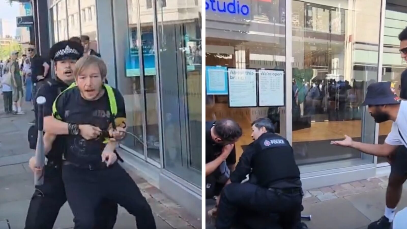 A man in Manchester, United Kingdom, is detained after purchasing a baseball bat, according to British activist Tommy Robinson on Aug. 9, 2026.