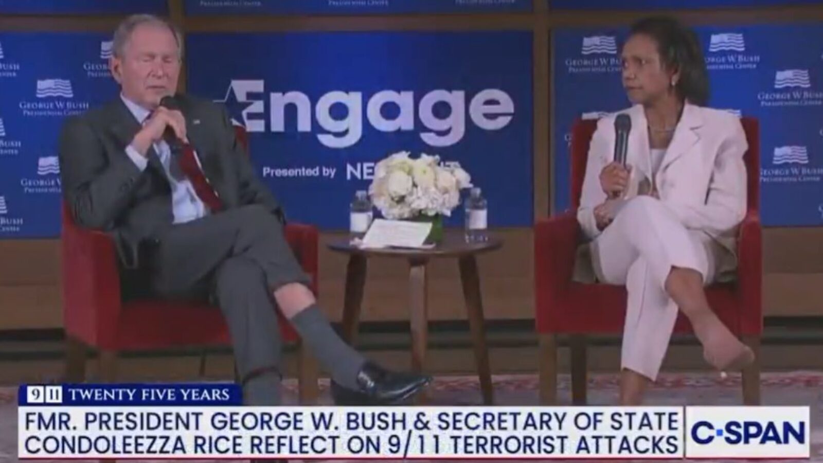 Former President George W. Bush and former Secretary of State Condoleezza Rice discuss the aftermath of the 9/11 terrorist attacks, as shown in a clip posted to social media on Sept. 10, 2026.