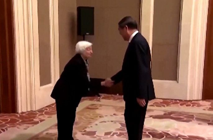 Biden Treasury Secretary Janet Yellen Blasted for Repeatedly Bowing to Her Chinese Counterpart in Beijing (VIDEO)