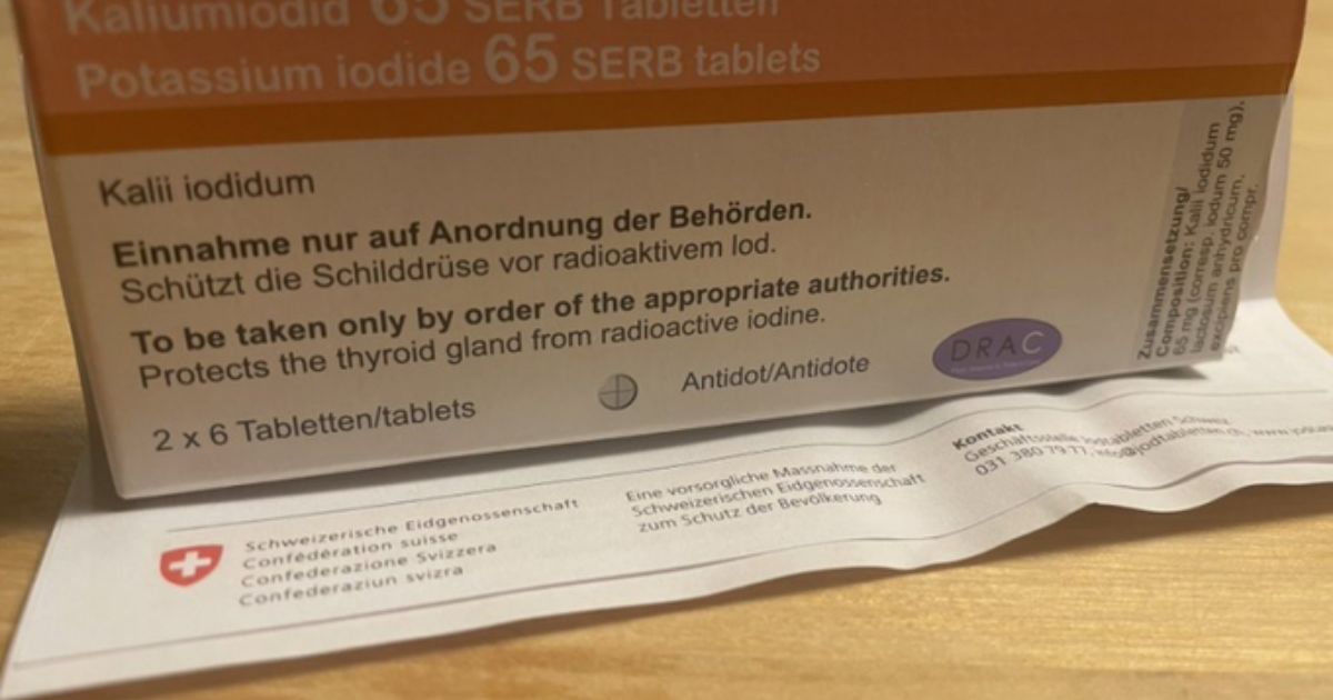 This pill box arrived in the mail to every home in Switzerland. The accompanying letter tells citizens "Iodine tablets, to be taken at the request of the authorities in the event of radioactive fallout."