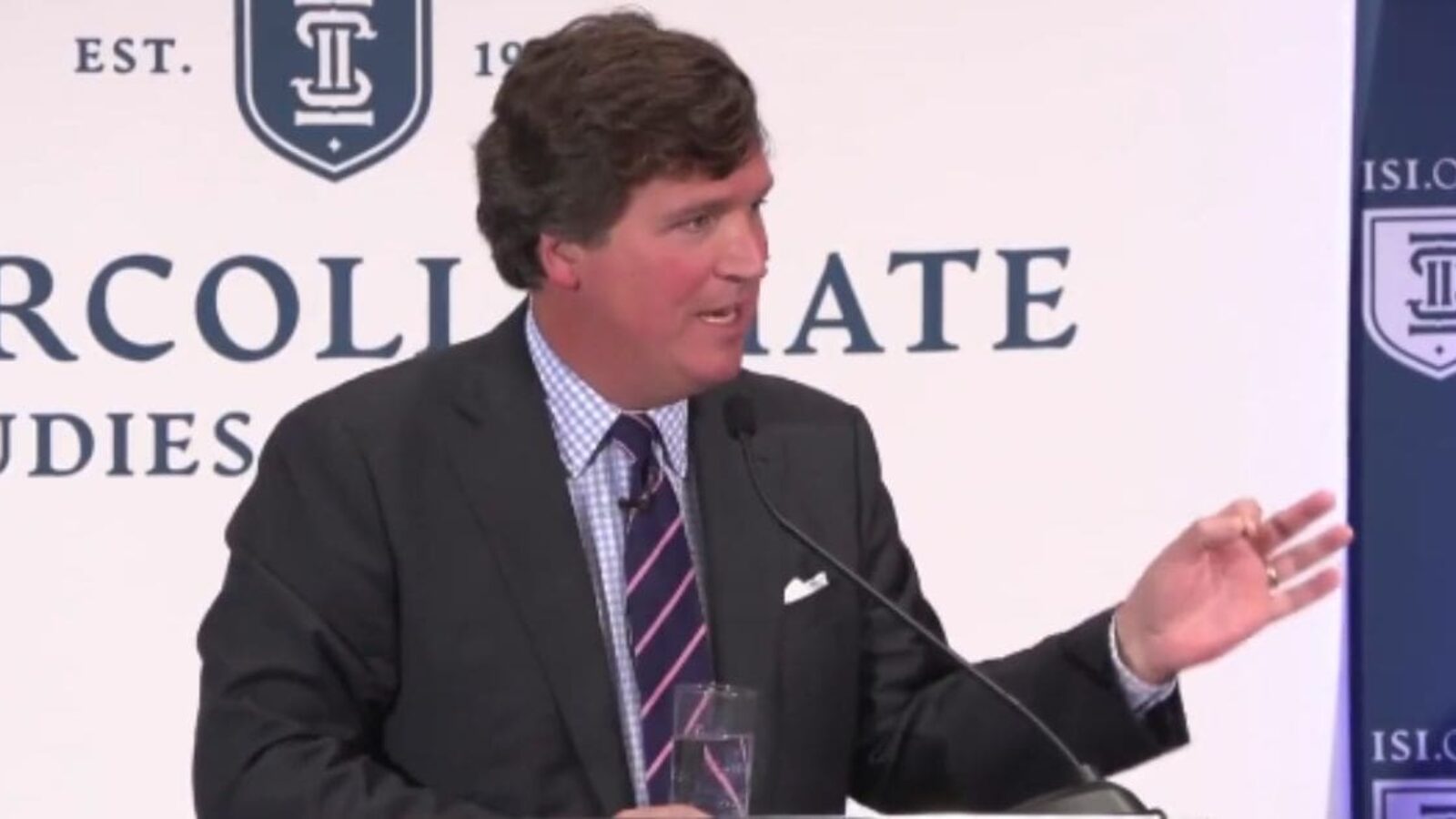 Tucker Carlson speaks on Thursday in Wilmington, Delaware.