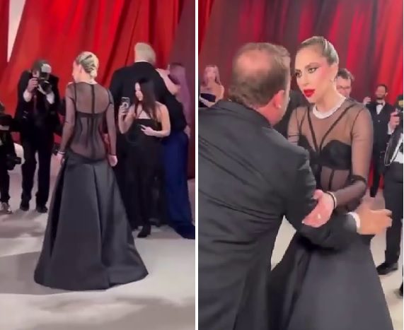 Lady Gaga Looks Stunned After Reporter Pats Her Bare Ass in Trashy Ass-less Dress at the Oscars