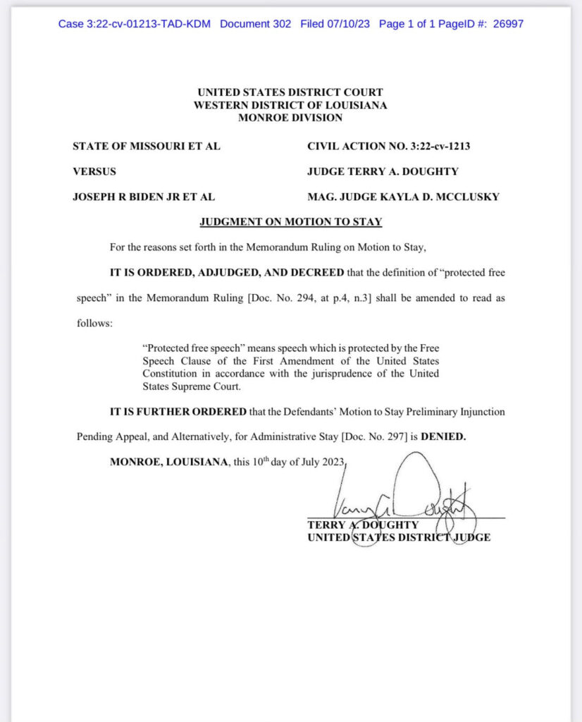 BREAKING: Judge Doughty Denies Biden Administration’s Attempt to Halt Preliminary Injunction in Historic First Amendment Case with Gateway Pundit’s Jim Hoft as Plaintiff