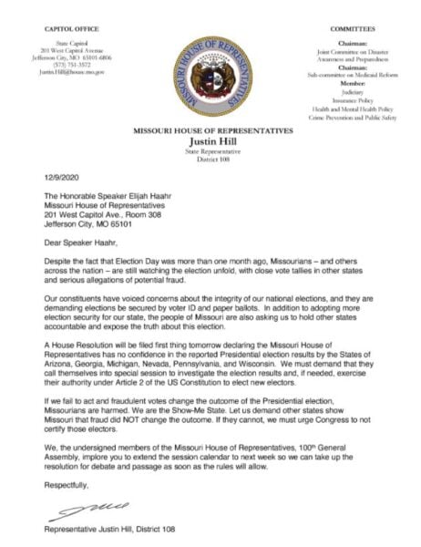 66 Missouri Lawmakers Led by Rep. Justin Hill Sign
Resolution for MI, WI, PA, GA, AZ and NV to Investigate Rampant
Election Fraud or Have Electors Disqualified 2