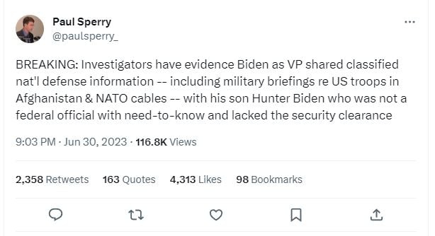 Sperry: Investigators Have Evidence Joe Biden as VP Shared Classified National Defense Information – Including Briefings on US Troops – to Hunter Biden